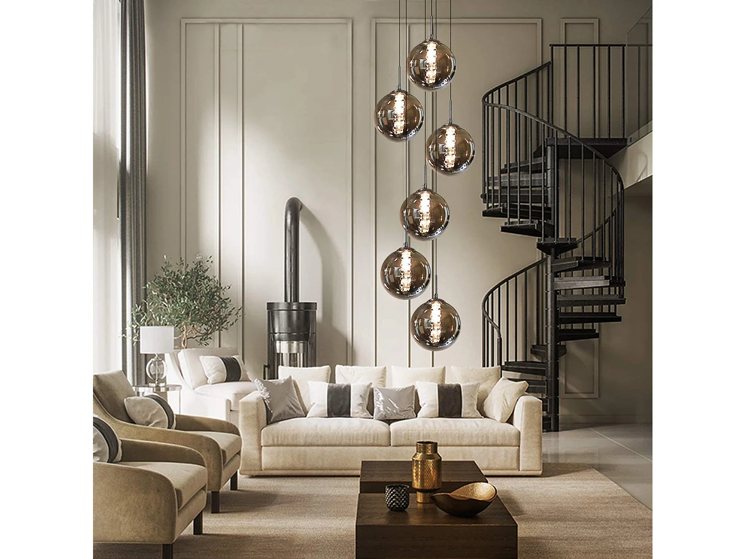ZMH Suspension Lustre salle à manger 6 lumières Hauteur réglable verre cristal gris