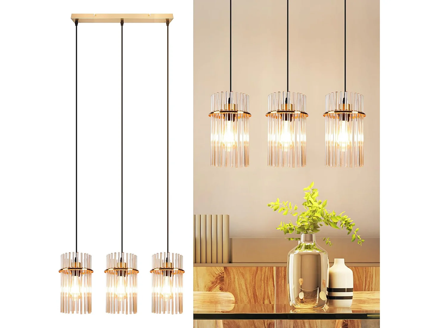 ZMH Lustre Suspension 3 Flammes E27 Verre Doré Ø16Cm Pour Cafe Bar (sans Ampoule)