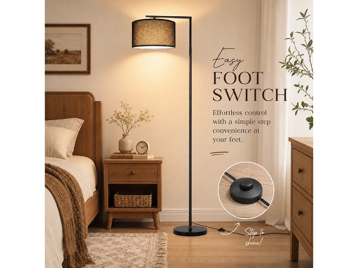 ZMH Lampadaire Arc Noir Abat-jour Tissu Vintage E27 Interrupteur au Pied 166cm Pour Salon Chambre Sans Ampoule