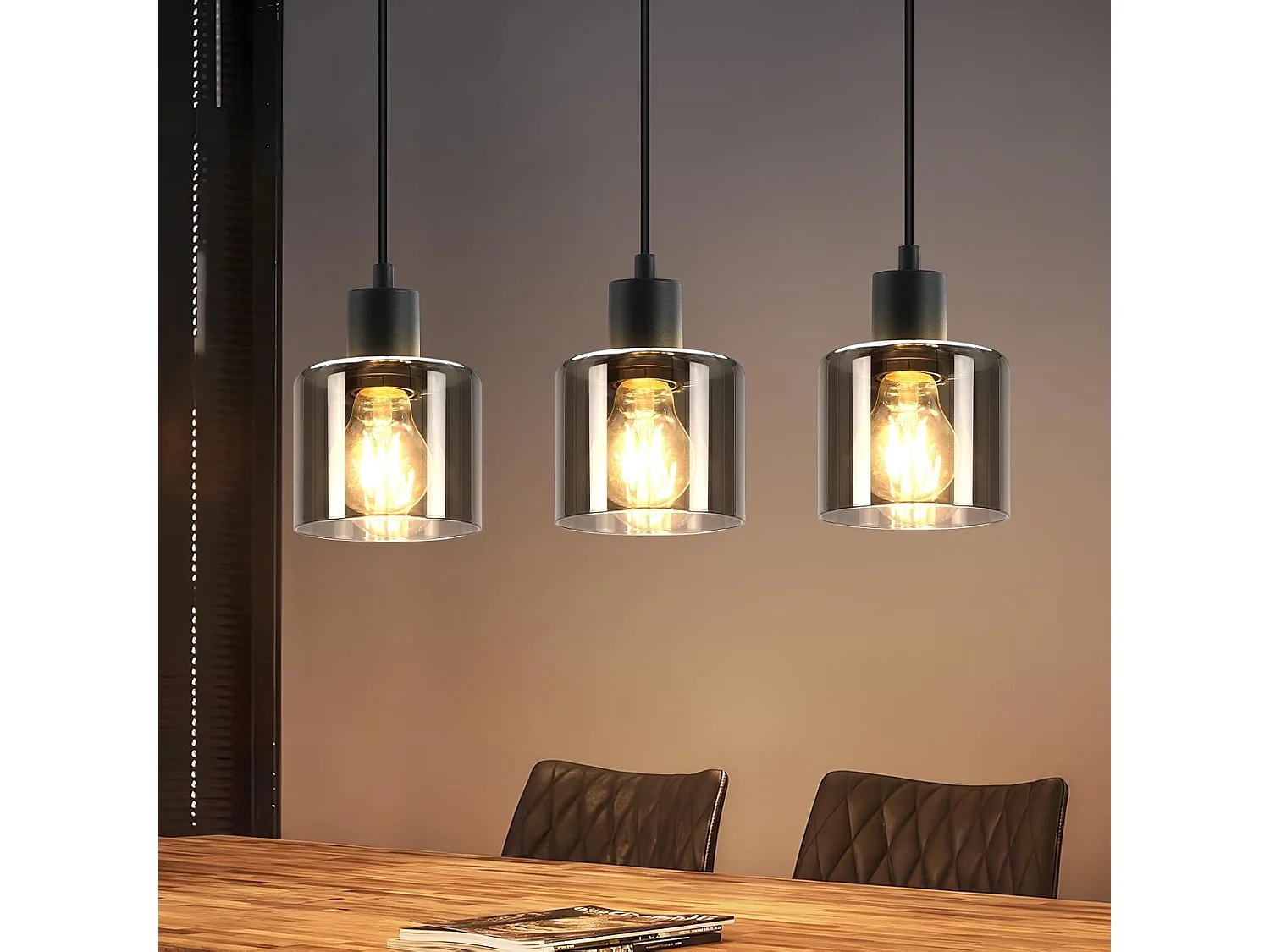 ZMH Suspension Verre Noir Diam.68 cm E27 Vintage 3 Ampoules Lampe de Salle à Manger Lampe à Industrielle Rétro pour Salon Hôtel Bureau