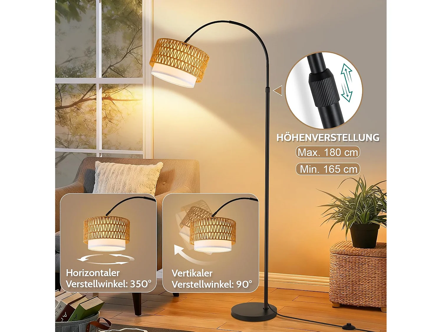 ZMH Lampadaire incurvé vintage noir E27 avec éclairage à intensité variable interrupteur au pied télécommande rotation à 350 degrés pour salon chambre