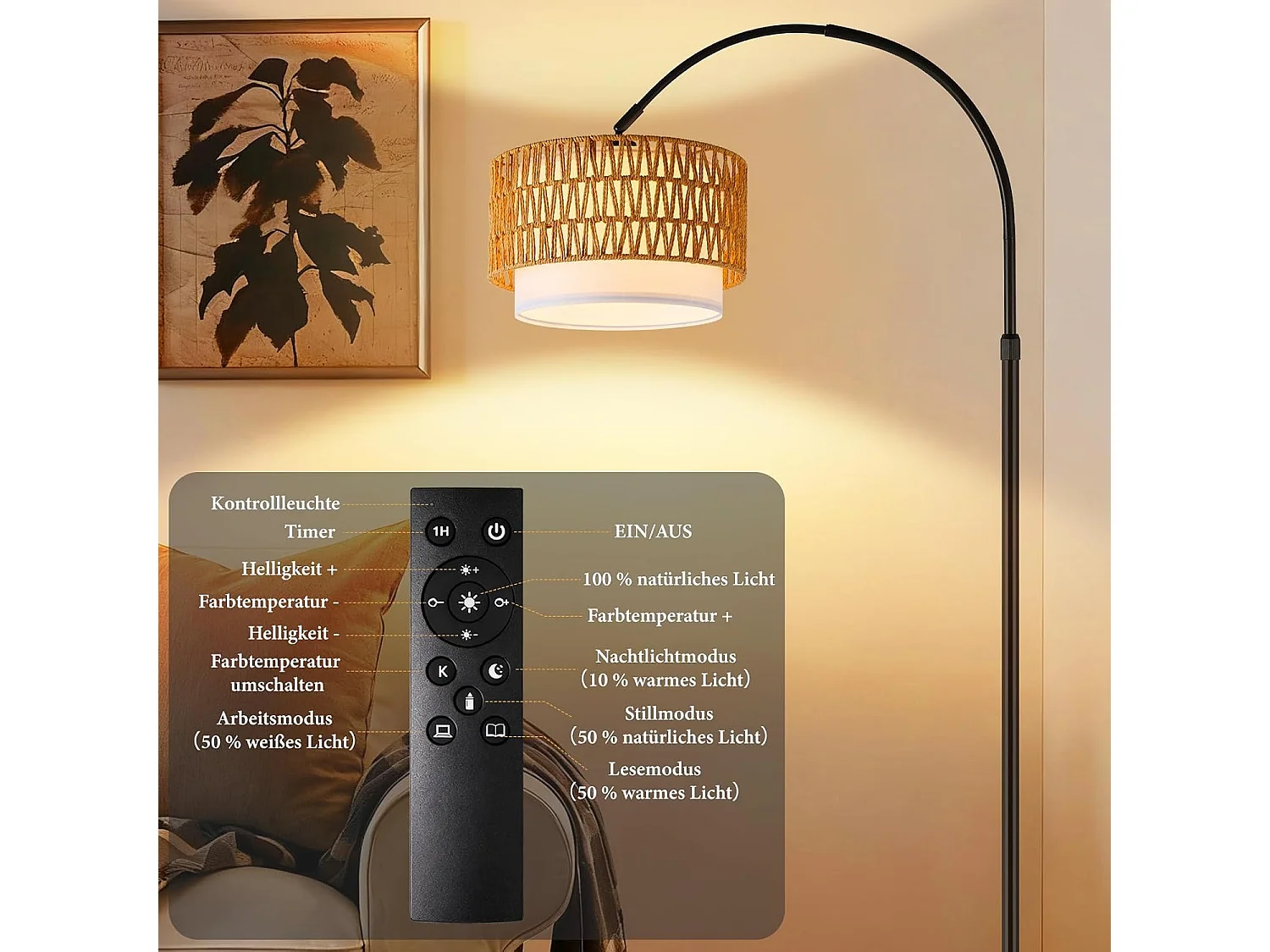 ZMH Lampadaire incurvé vintage noir E27 avec éclairage à intensité variable interrupteur au pied télécommande rotation à 350 degrés pour salon chambre