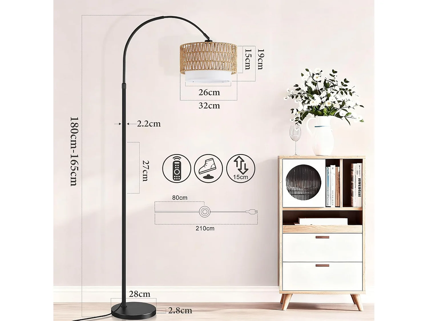 ZMH Lampadaire incurvé vintage noir E27 avec éclairage à intensité variable interrupteur au pied télécommande rotation à 350 degrés pour salon chambre