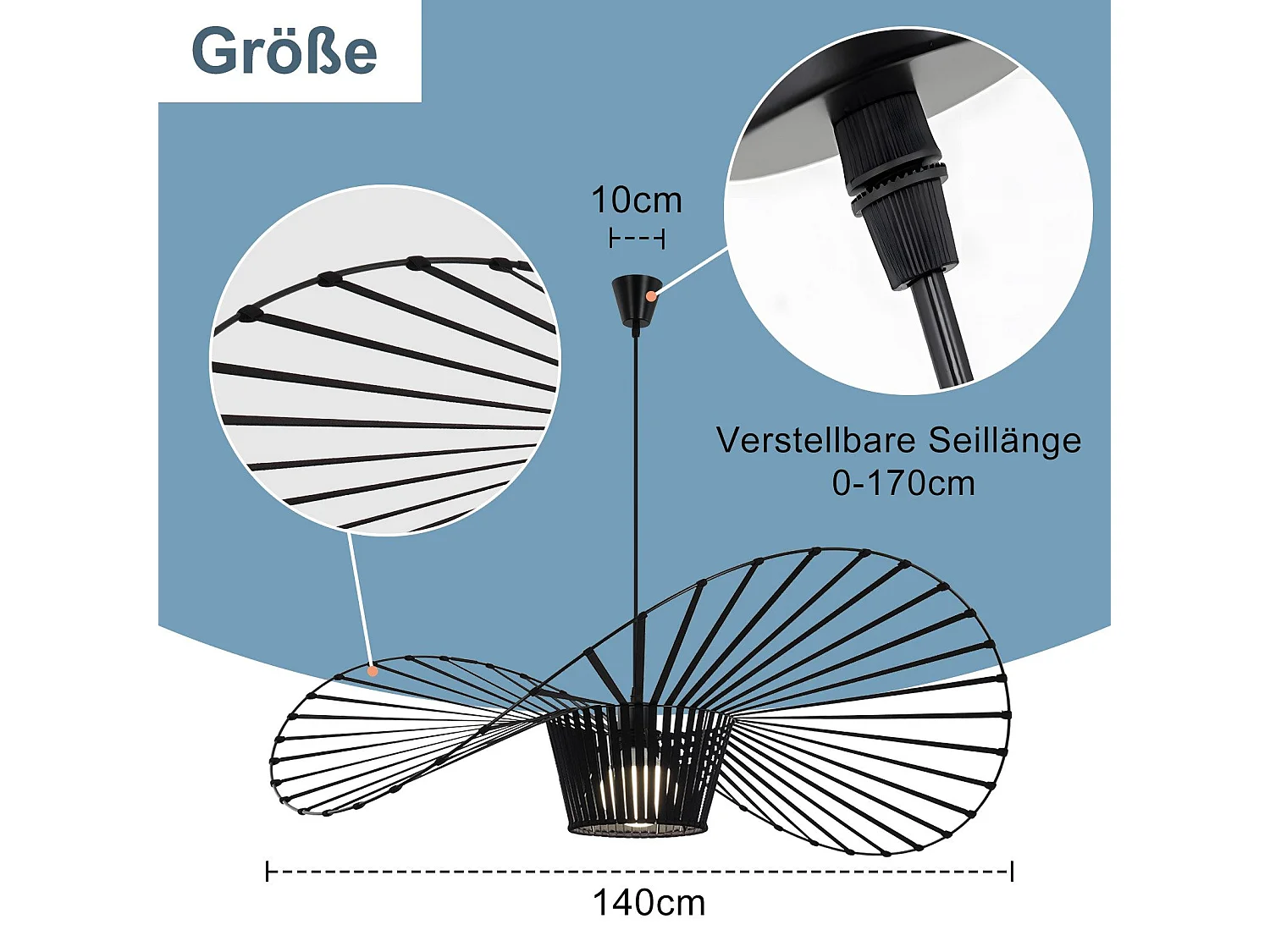 ZMH Suspension Lustre LED Moderne Noir E27 pour salle à manger 140cm