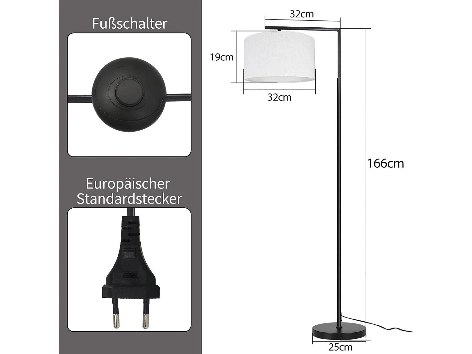 ZMH Lampadaire pour salon design tissu moderne lampe de lecture E27 avec interrupteur au pied