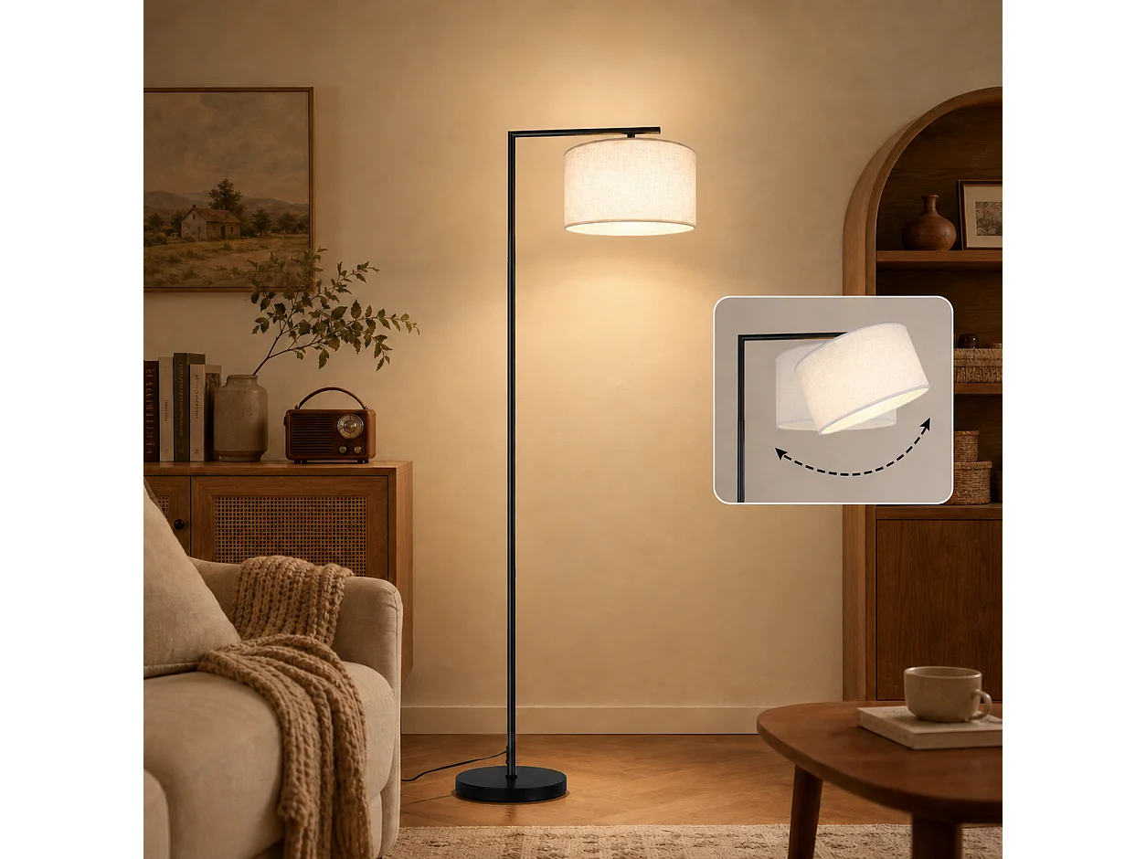 ZMH Lampadaire Arc Noir Design Abat-jour Tissu E27 Interrupteur au Pied 166cm Pour Salon Bureau Hôtel Sans Ampoule