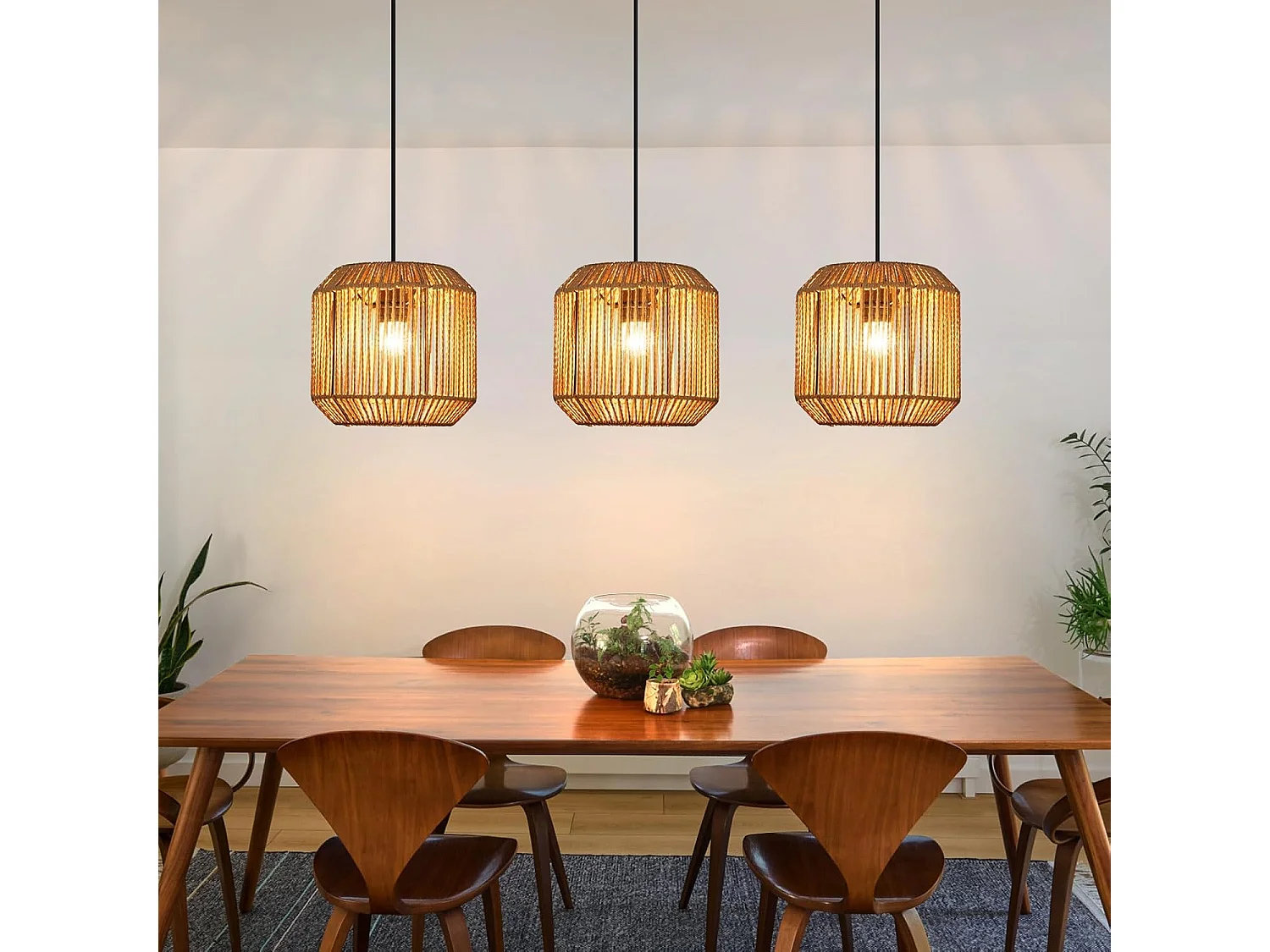 ZMH Suspension Vintage 3 Lampes Bois Rotin Style (ampoule Non Incluse)