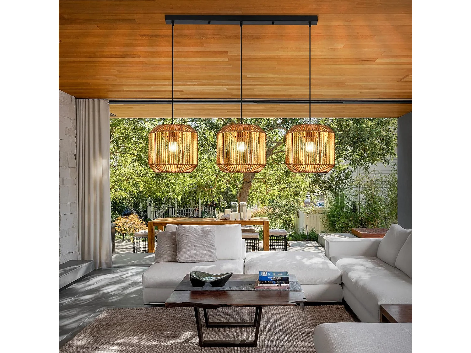 ZMH Suspension Vintage 3 Lampes Bois Rotin Style (ampoule Non Incluse)