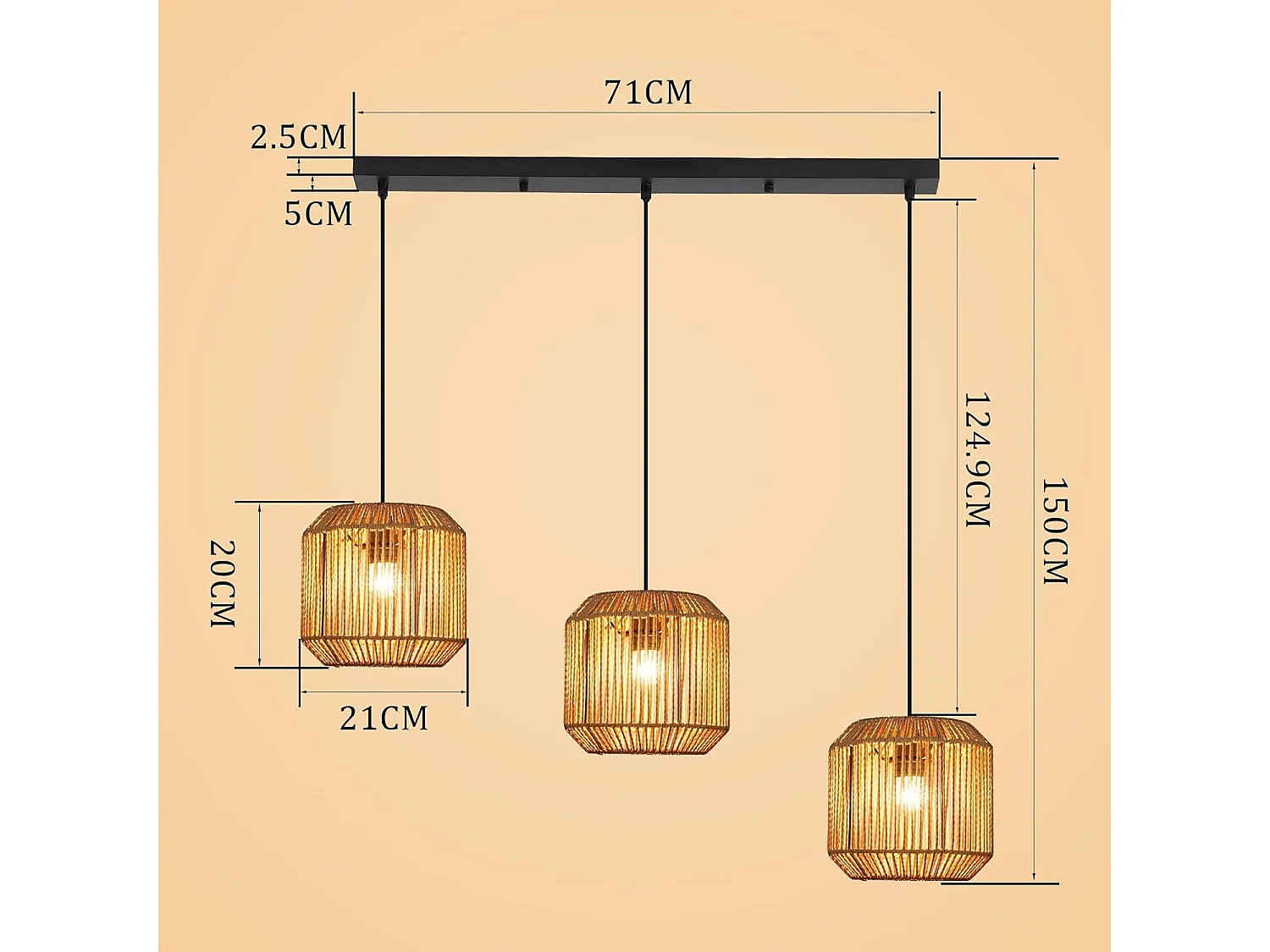 ZMH Suspension Vintage 3 Lampes Bois Rotin Style (ampoule Non Incluse)