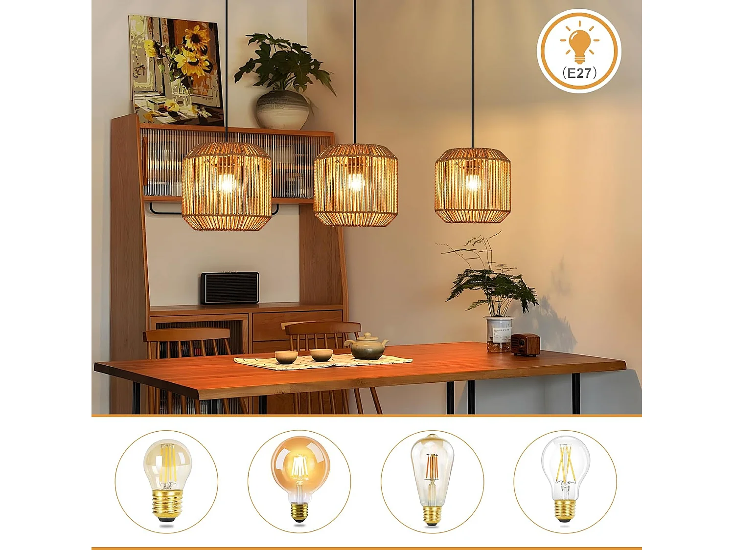 ZMH Suspension Vintage 3 Lampes Bois Rotin Style (ampoule Non Incluse)