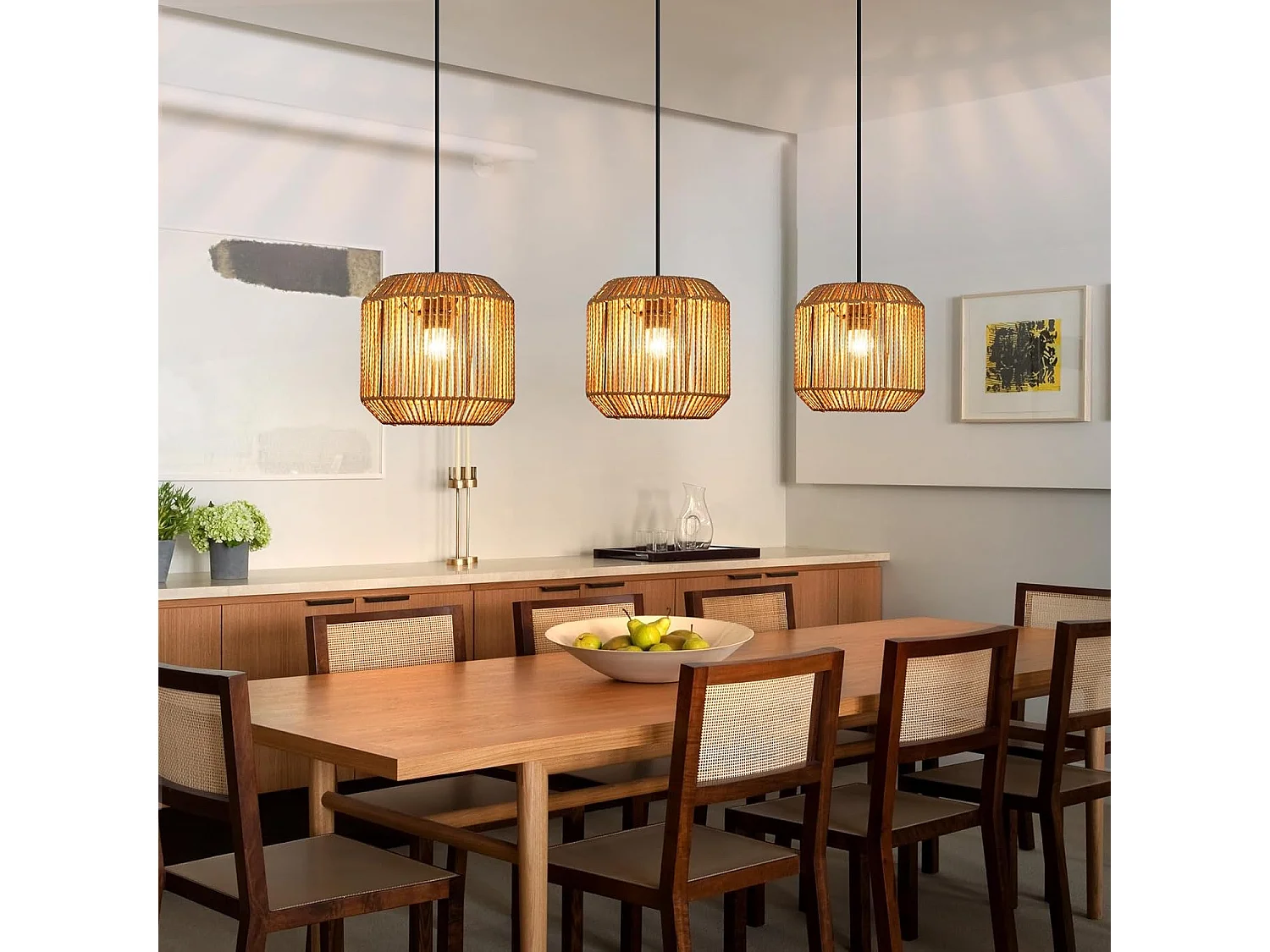ZMH Suspension Vintage 3 Lampes Bois Rotin Style (ampoule Non Incluse)