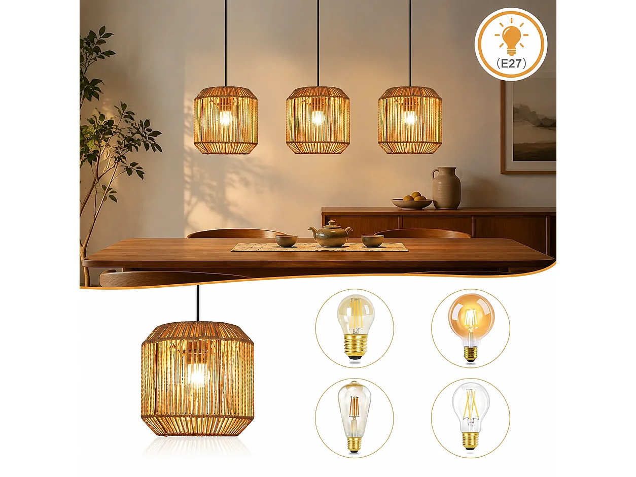 ZMH Suspension Vintage 3 Lumières Rotin Boho Hauteur Réglable Design Rétro E27 Pour Salle à Manger Salon Chambre (Sans Ampoules)