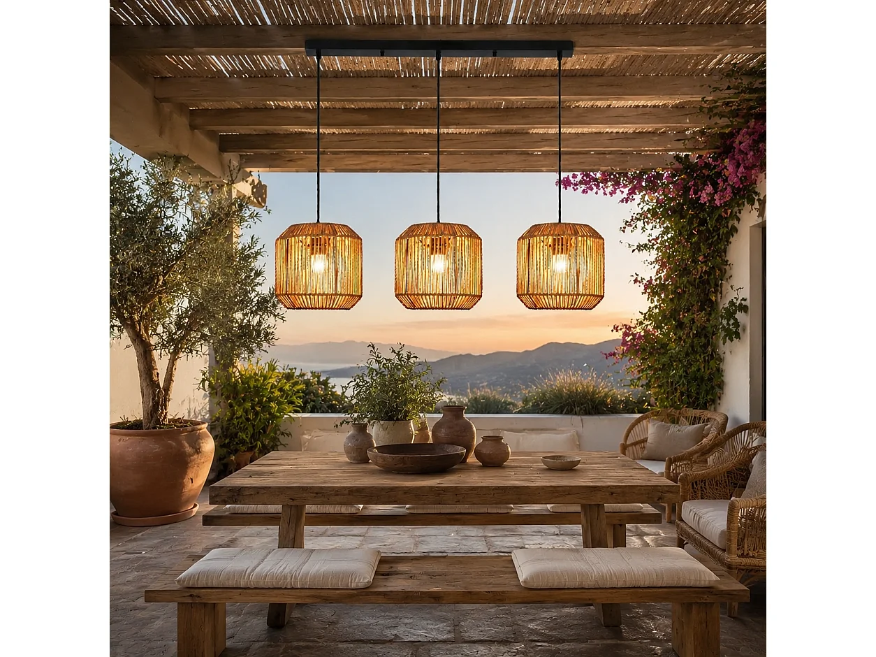 ZMH Suspension Vintage 3 Lumières Rotin Boho Hauteur Réglable Design Rétro E27 Pour Salle à Manger Salon Chambre (Sans Ampoules)