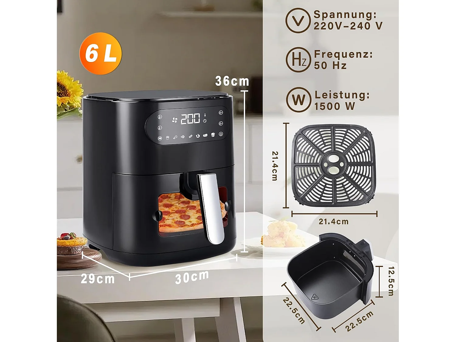 ZMH Friteuse à air chaud noire 6L panier unique fenêtre de visualisation 7 programmes de cuisson 11 fonctions facile à nettoyer avec minuterie