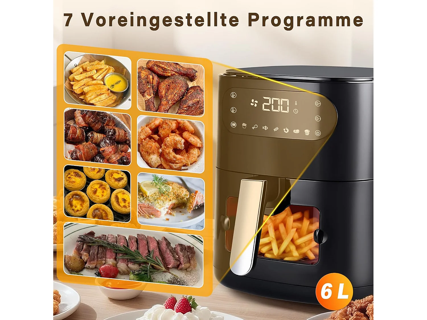 ZMH Friteuse à air chaud noire 6L panier unique fenêtre de visualisation 7 programmes de cuisson 11 fonctions facile à nettoyer avec minuterie