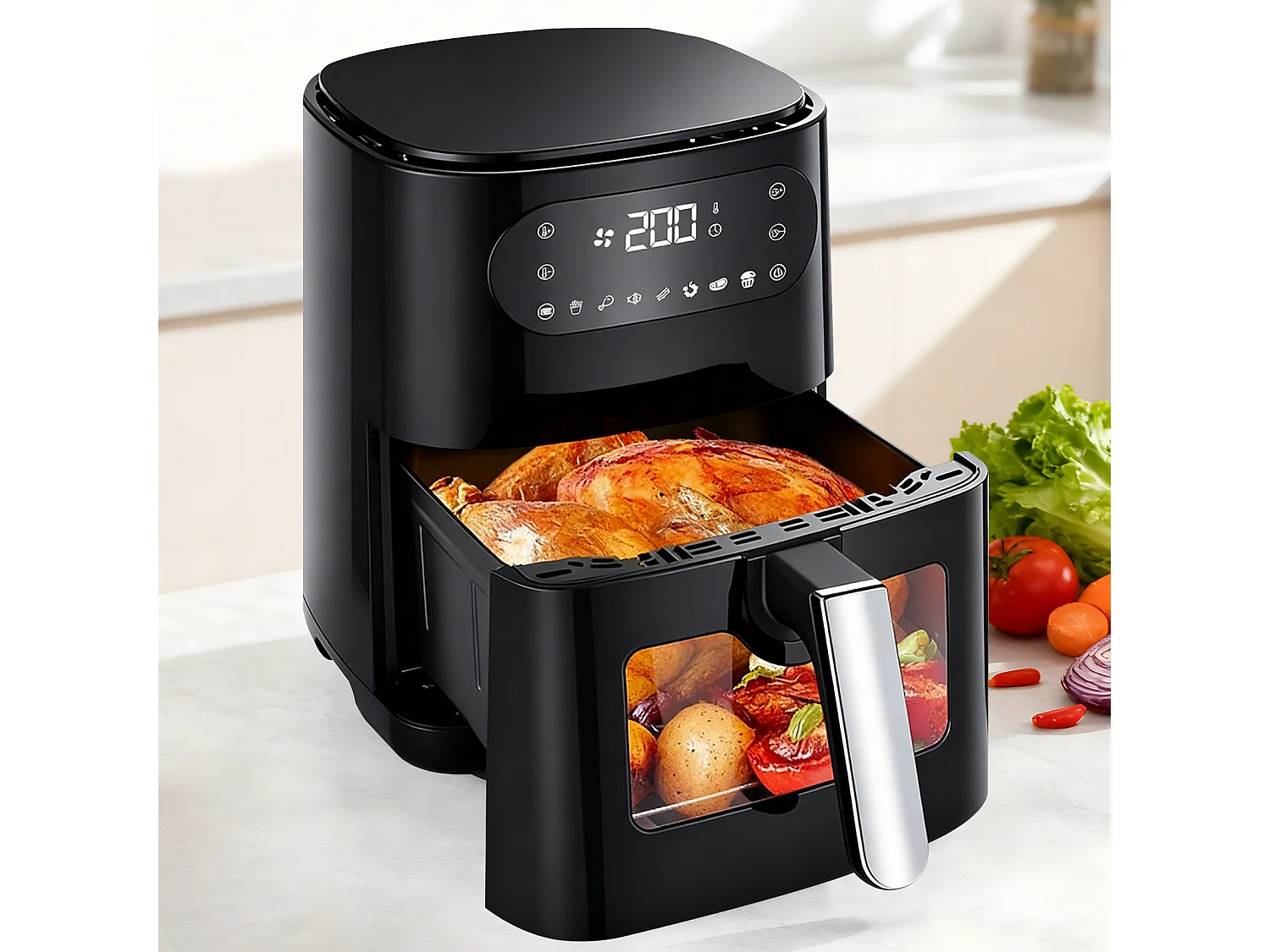 ZMH Friteuse à air chaud noire 6L panier unique fenêtre de visualisation 7 programmes de cuisson 11 fonctions facile à nettoyer avec minuterie