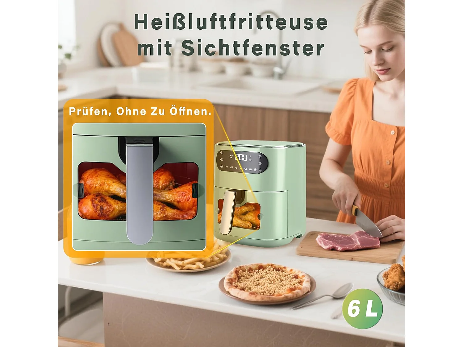 ZMH Friteuse à air chaud verte 6L panier unique fenêtre de visualisation 7 programmes de cuisson 11 fonctions facile à nettoyer avec minuterie