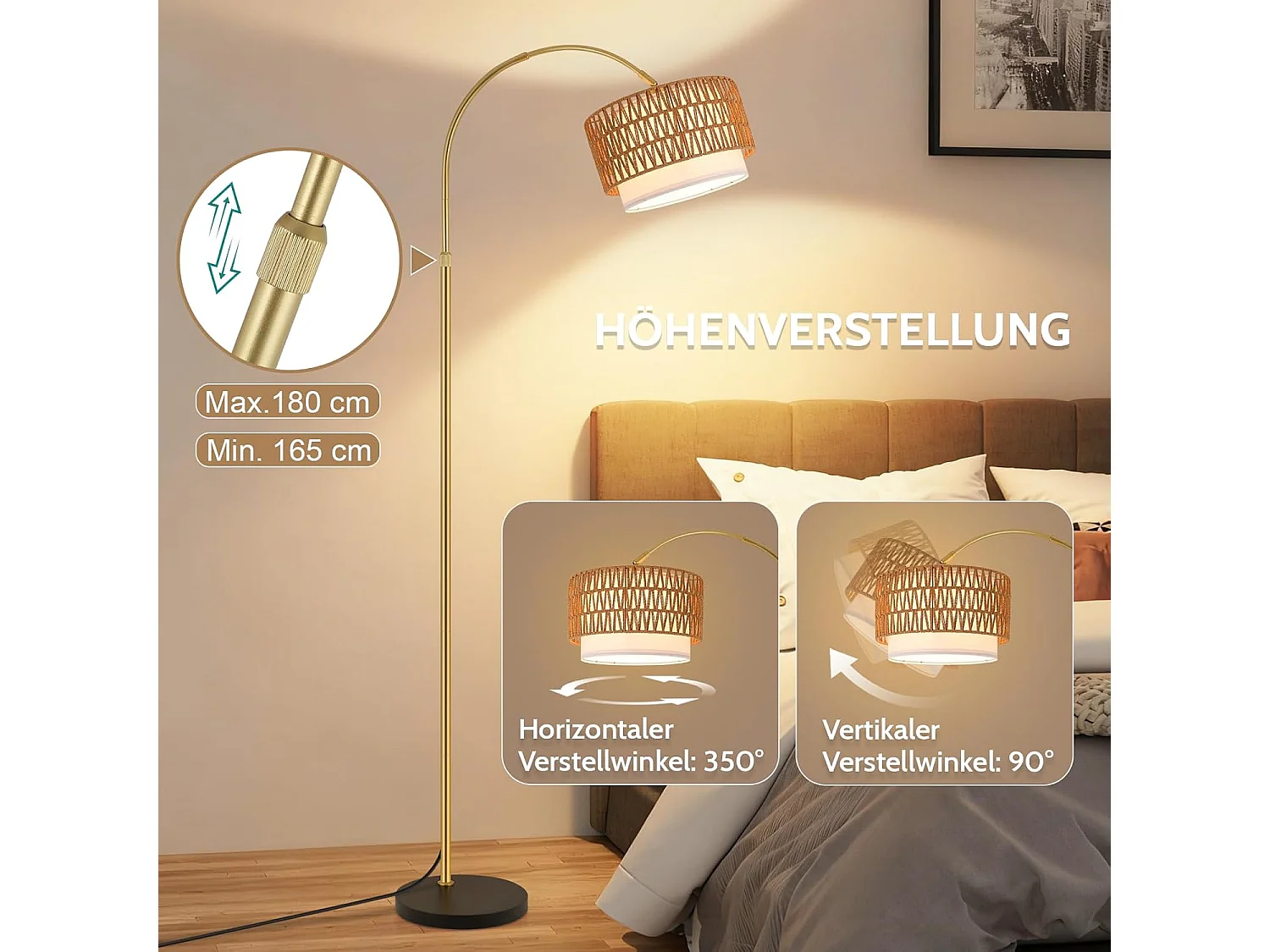 ZMH Lampadaire incurvé vintage or E27 avec éclairage à intensité variable interrupteur au pied télécommande rotation à 350 degrés pour salon chambre