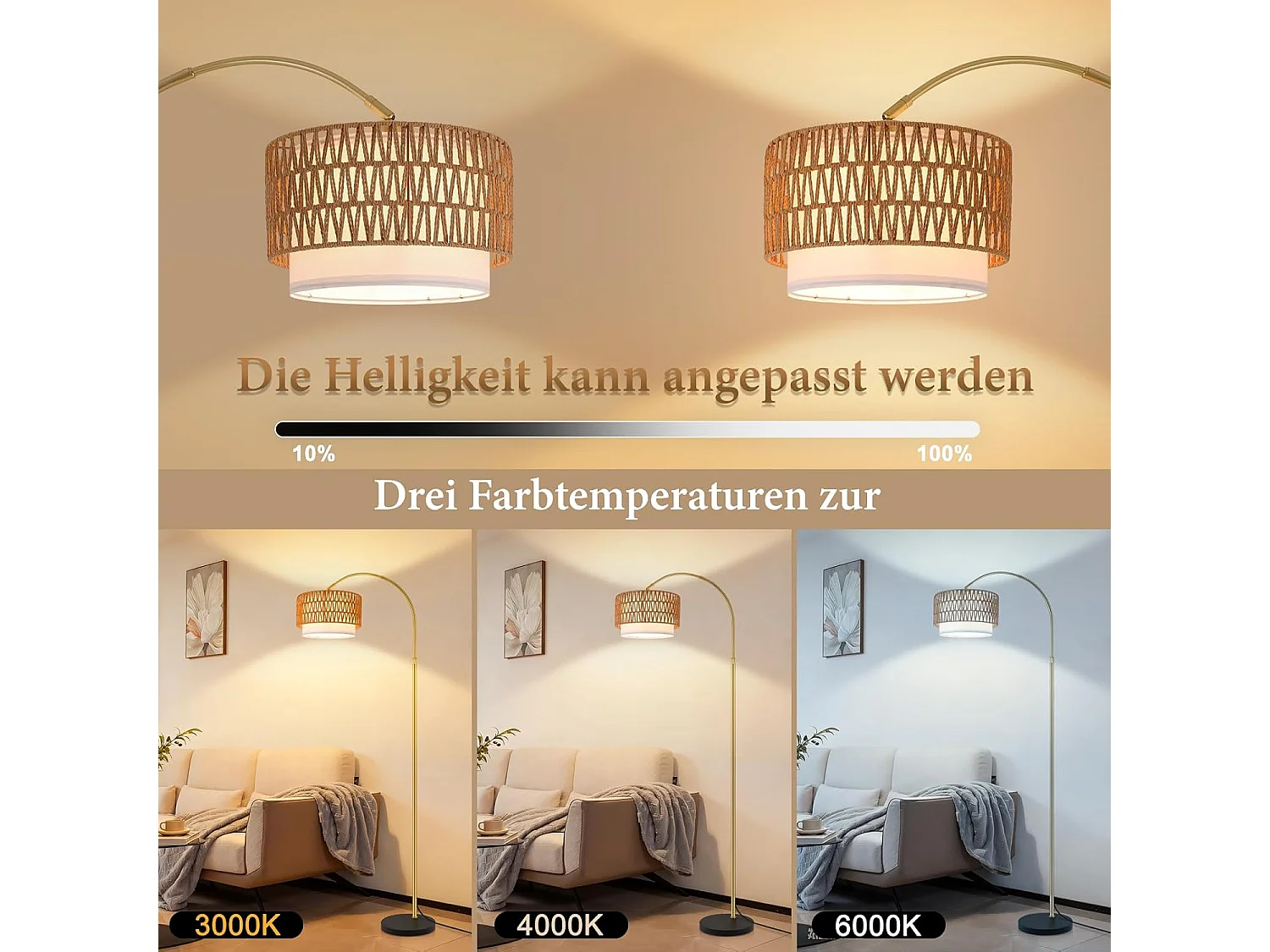 ZMH Lampadaire incurvé vintage or E27 avec éclairage à intensité variable interrupteur au pied télécommande rotation à 350 degrés pour salon chambre