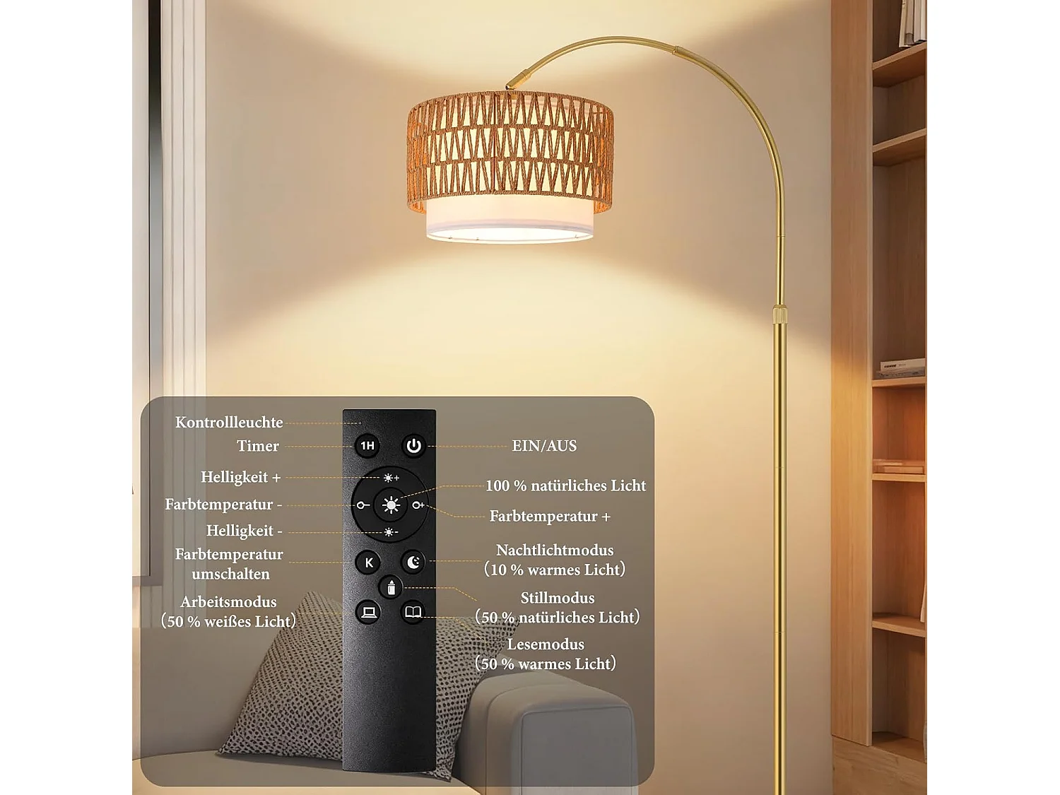 ZMH Lampadaire incurvé vintage or E27 avec éclairage à intensité variable interrupteur au pied télécommande rotation à 350 degrés pour salon chambre