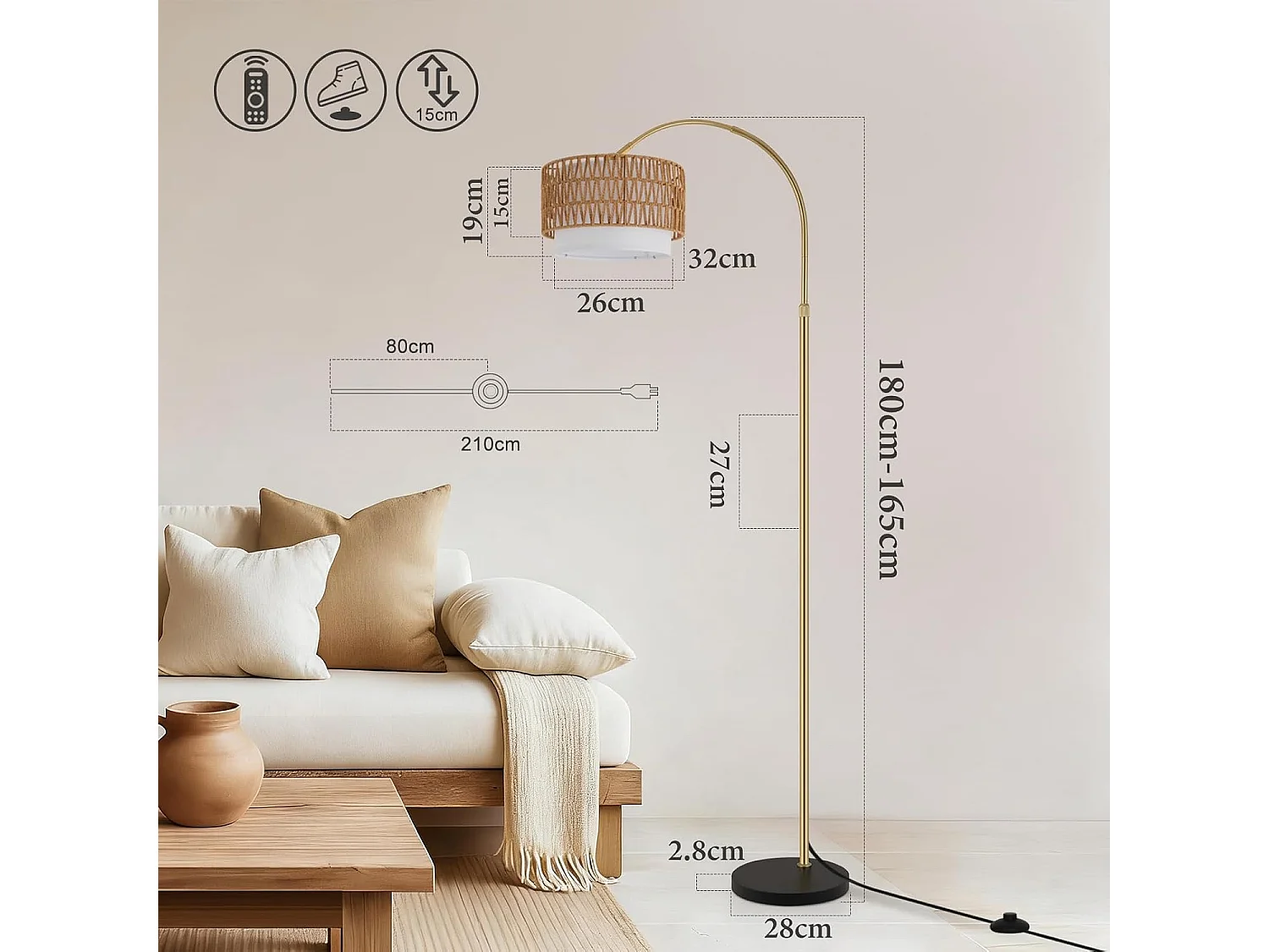 ZMH Lampadaire incurvé vintage or E27 avec éclairage à intensité variable interrupteur au pied télécommande rotation à 350 degrés pour salon chambre