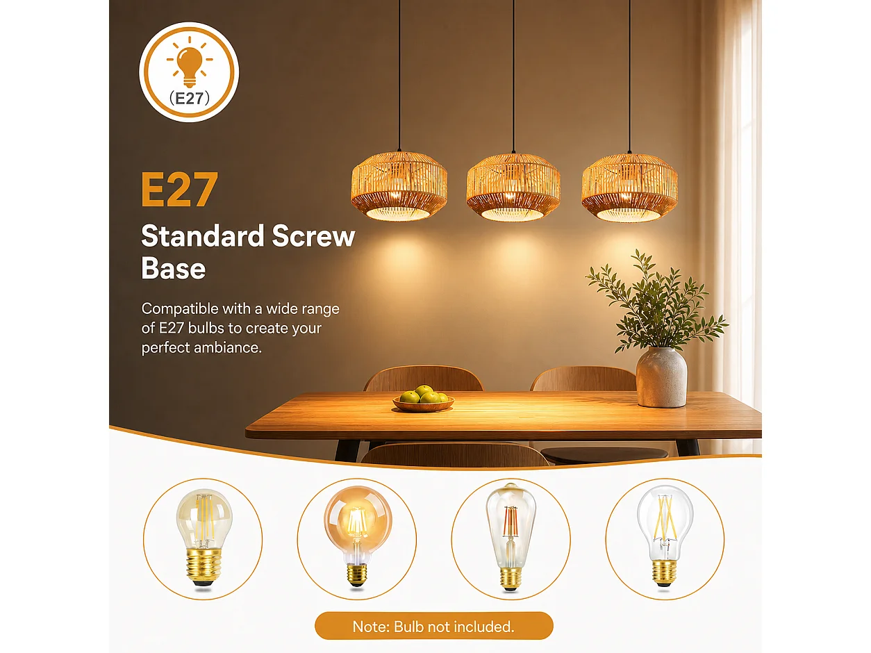 Luminaire Suspension en métal et corde en papier -3 abat- jours - Noir et marron clair D.71 cm - ZMH