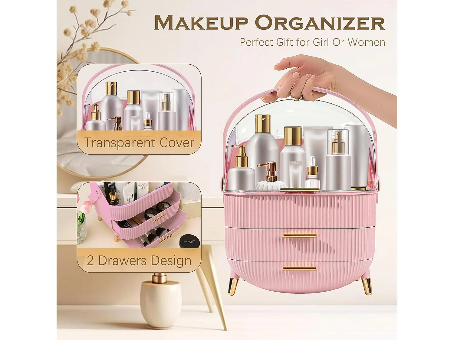 ZMH Boîte de rangement de bureau à tiroirs multiples boîte de rangement cosmétique rose 29 x 19 x 38 cm
