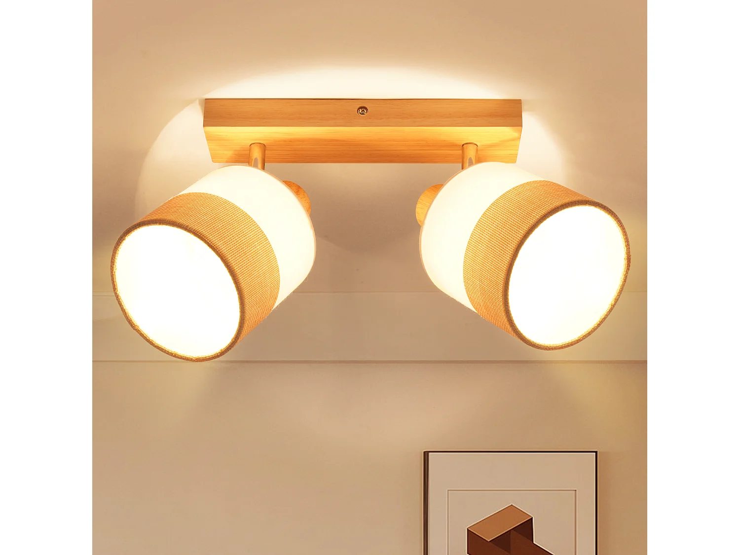 ZMH Spot plafond 2 flammes vintage E14 – En bois et tissu, orientable 350°, max 25W (sans ampoule)