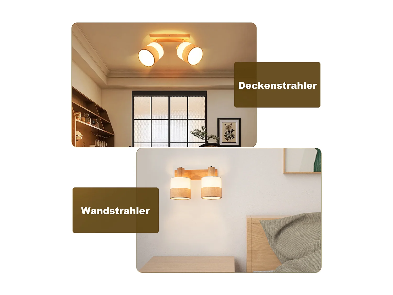 ZMH Spot plafond 2 flammes vintage E14 – En bois et tissu, orientable 350°, max 25W (sans ampoule)