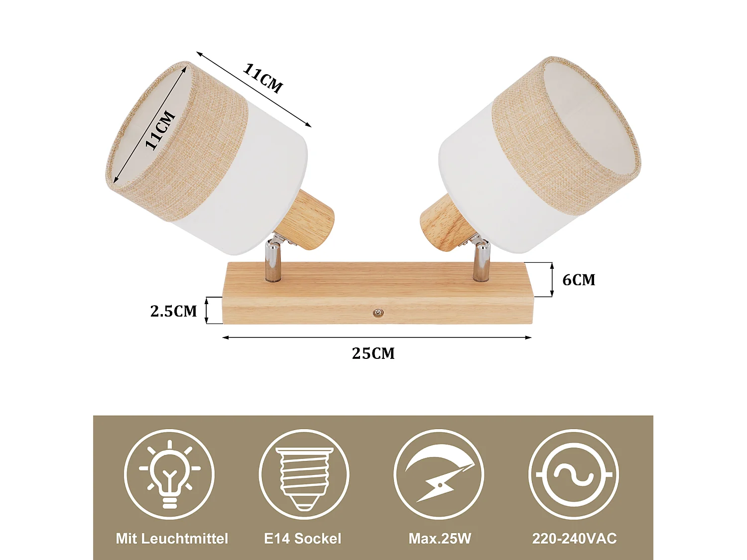 ZMH Spot plafond 2 flammes vintage E14 – En bois et tissu, orientable 350°, max 25W (sans ampoule)