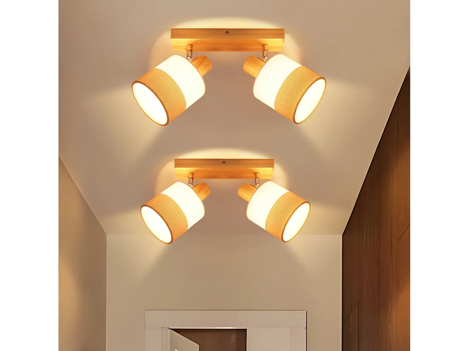 ZMH Spot plafond 2 flammes vintage E14 – En bois et tissu, orientable 350°, max 25W (sans ampoule)