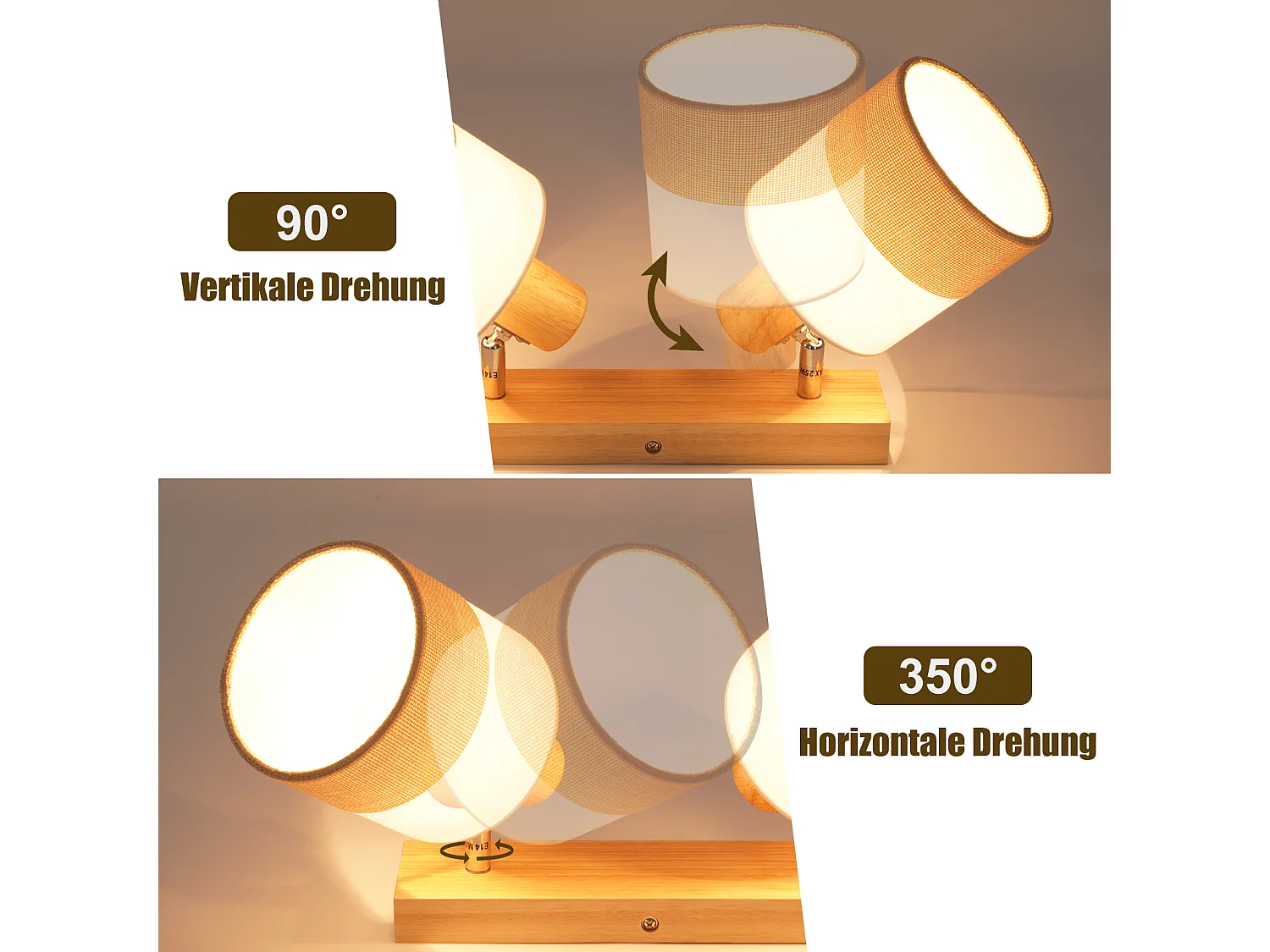 ZMH Spot plafond 2 flammes vintage E14 – En bois et tissu, orientable 350°, max 25W (sans ampoule)