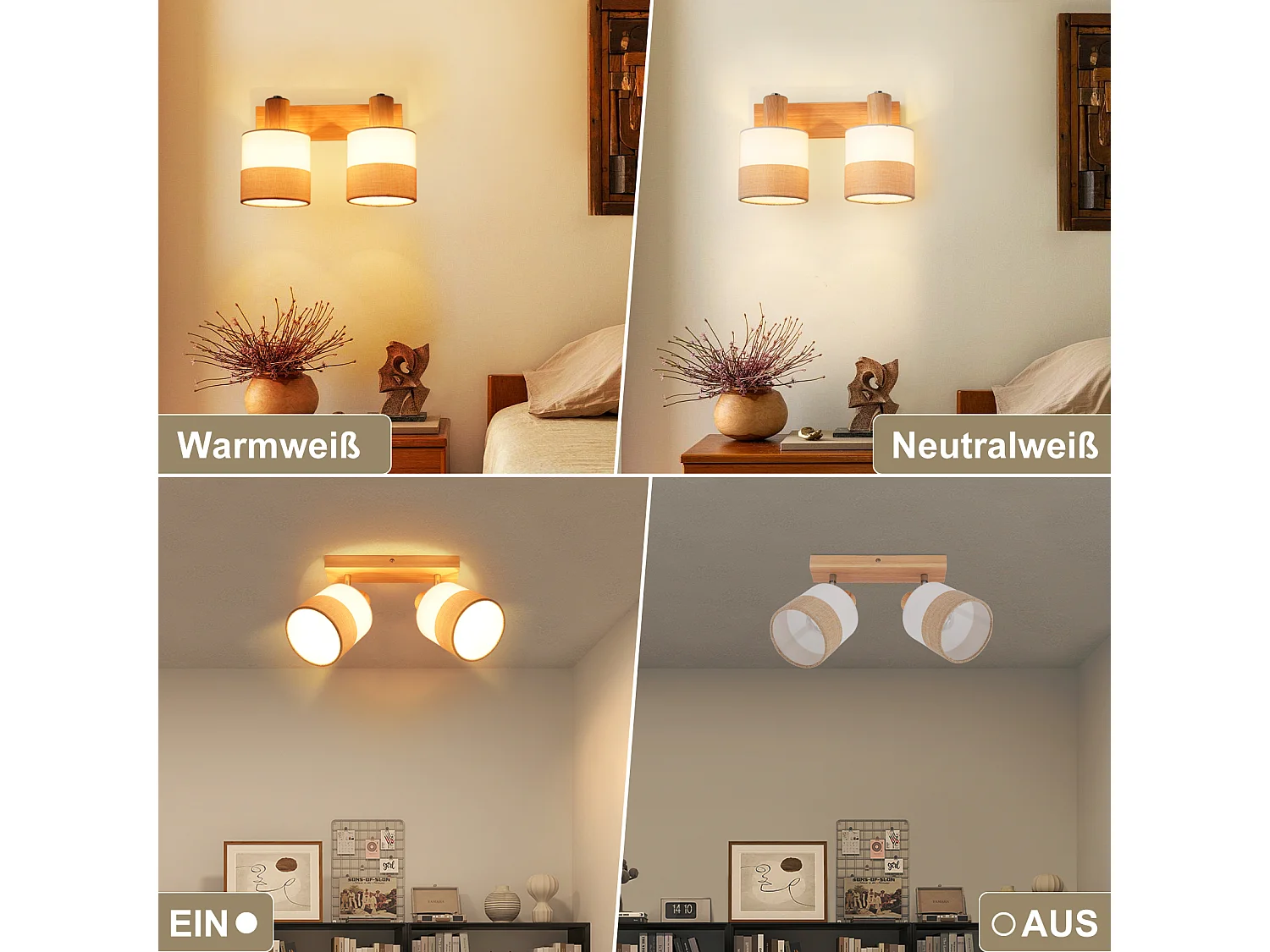 ZMH Spot plafond 2 flammes vintage E14 – En bois et tissu, orientable 350°, max 25W (sans ampoule)