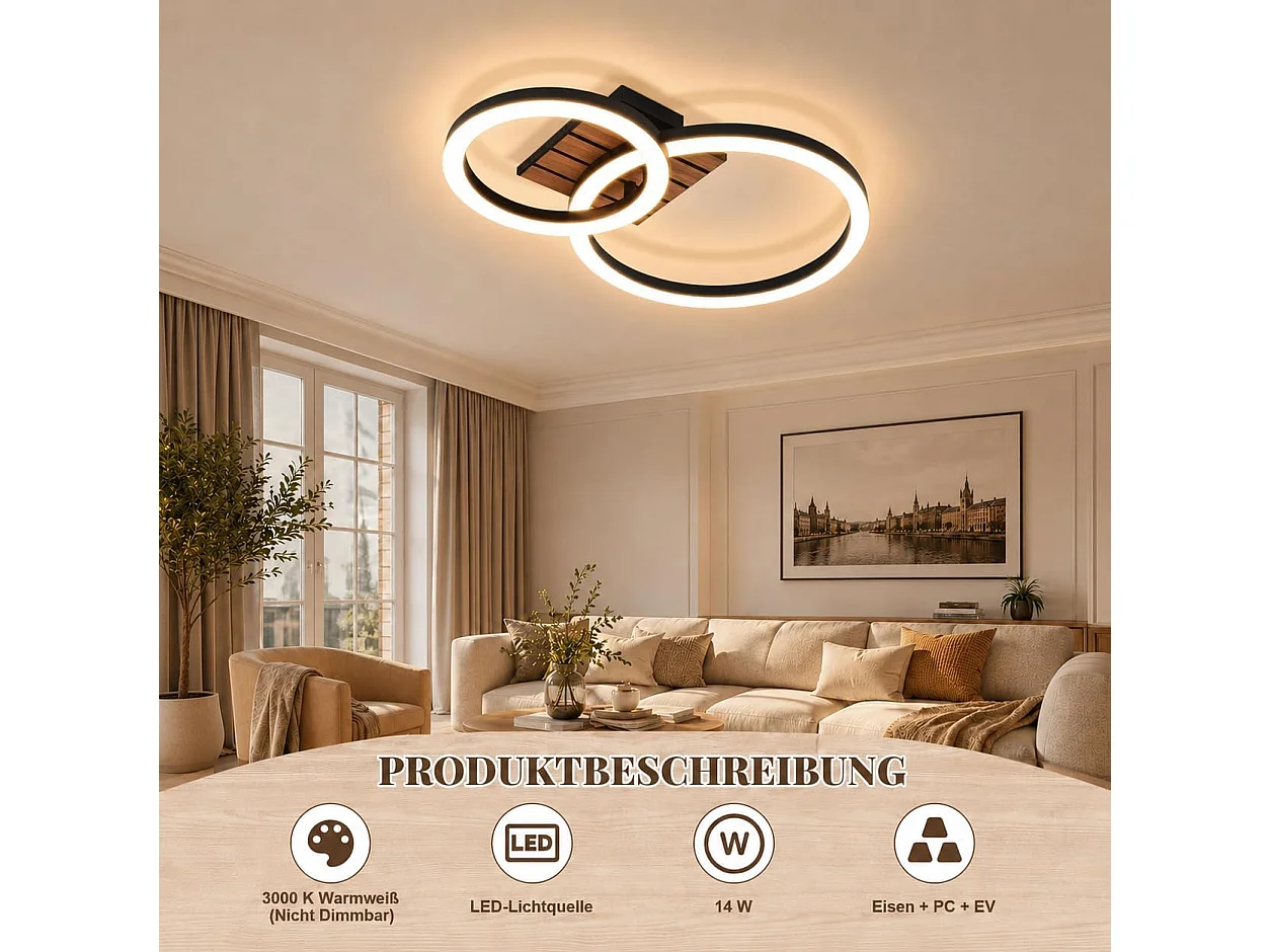 ZMH Plafonnier LED Design 2 Anneaux 14W Effet Bois 3000K Blanc Chaud 44cm Pour Salon Chambre Cuisine Bureau