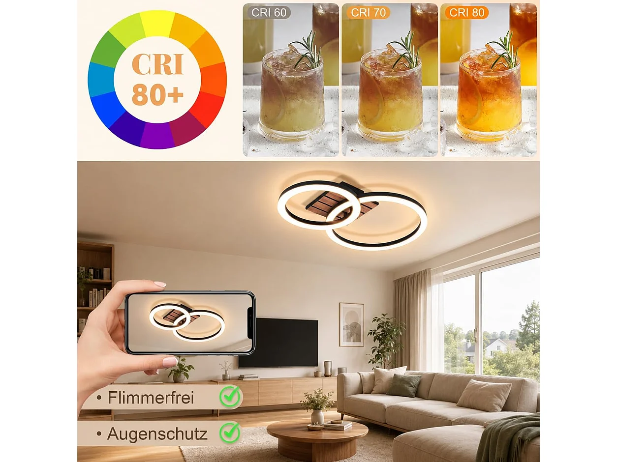 ZMH Plafonnier LED Design 2 Anneaux 14W Effet Bois 3000K Blanc Chaud 44cm Pour Salon Chambre Cuisine Bureau