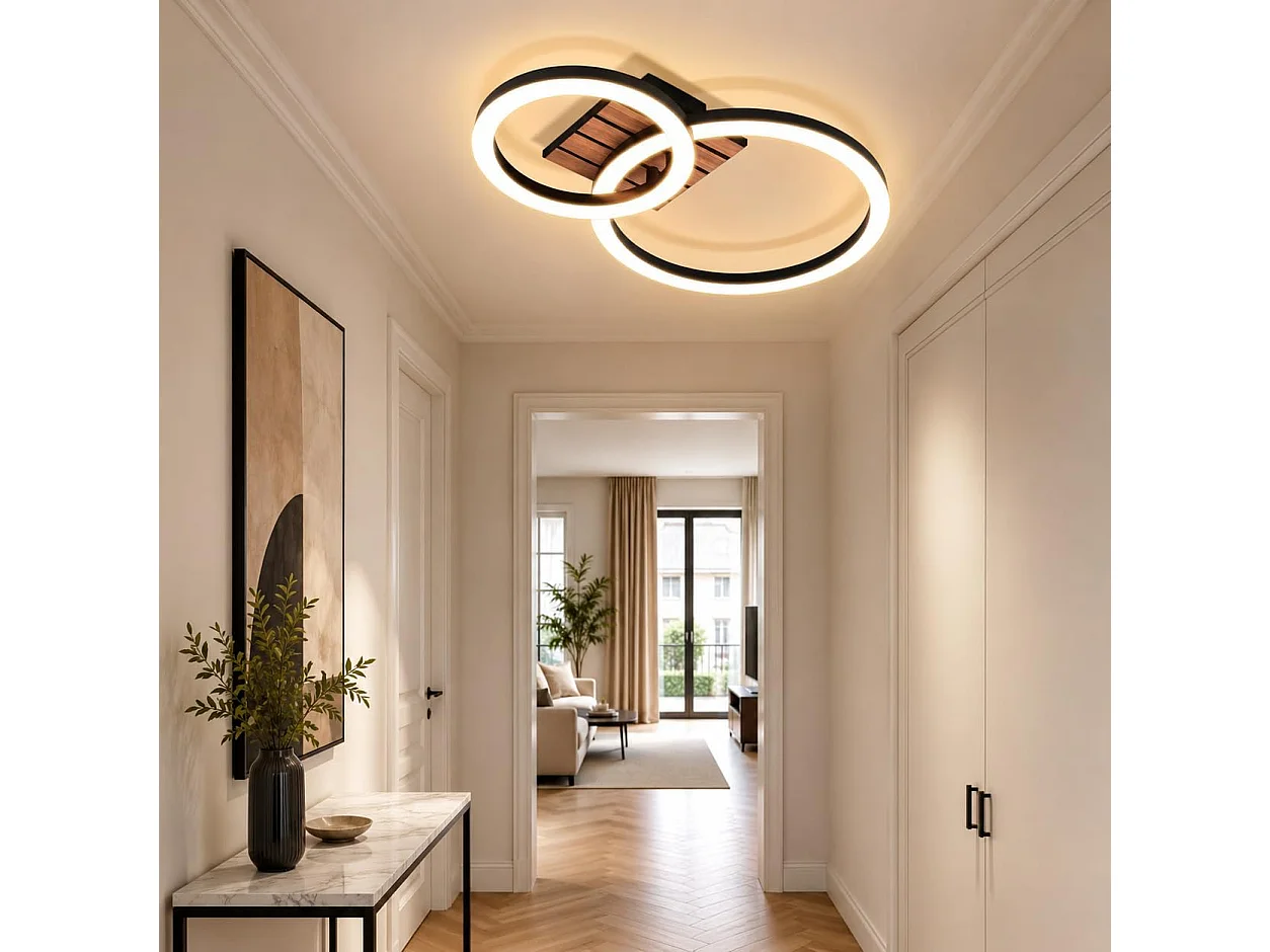 ZMH Plafonnier LED Design 2 Anneaux 14W Effet Bois 3000K Blanc Chaud 44cm Pour Salon Chambre Cuisine Bureau