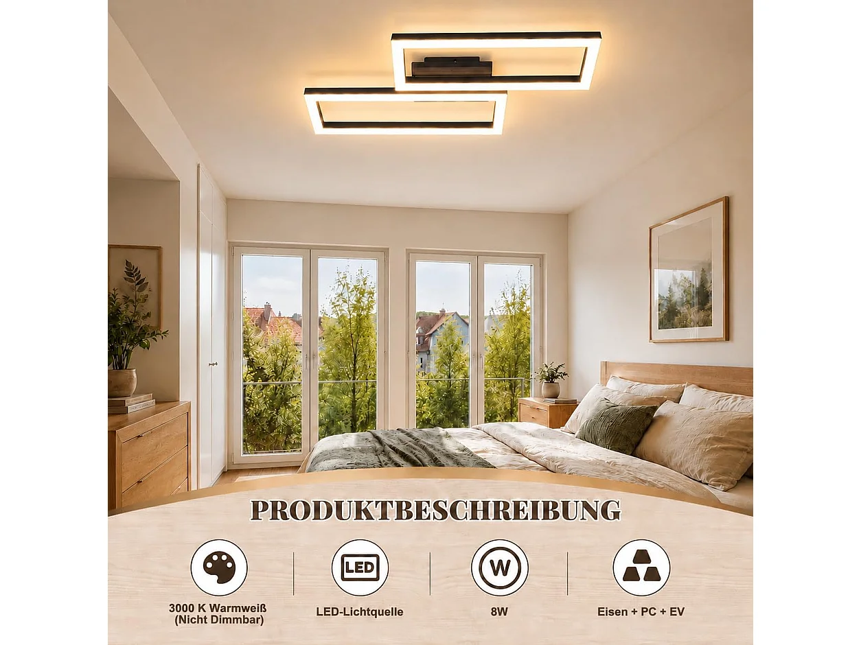 ZMH Plafonnier LED Noir - Design Rectangulaire Effet Bois 3000K– D.49 x H.6 cm - Pour Salon Chambre