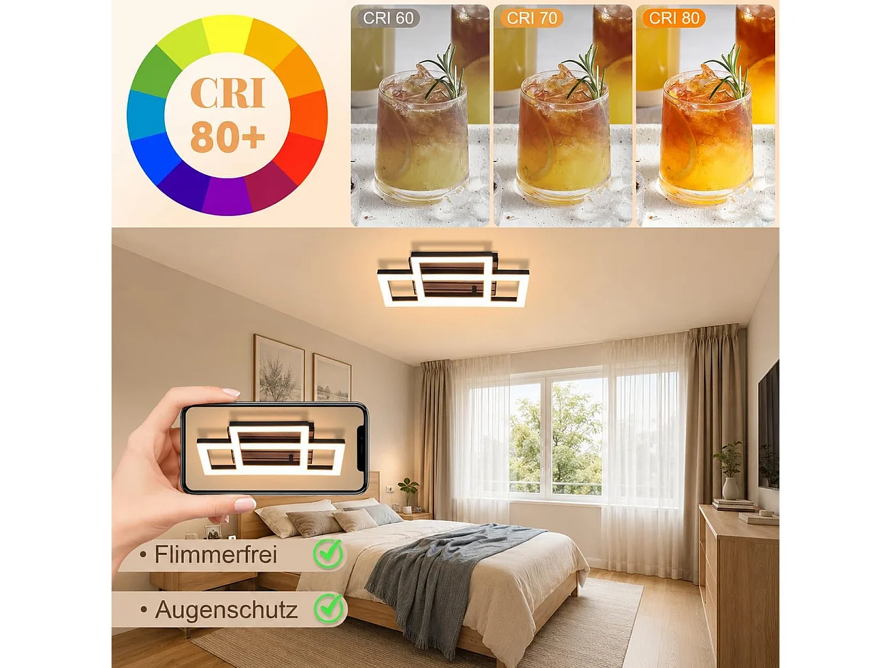 ZMH Plafonnier LED 14W Noir - Effet Bois 3000K Design Rectangulaire – D.34.5 x H.8 cm - Pour Cuisine Chambre Couloir Salon