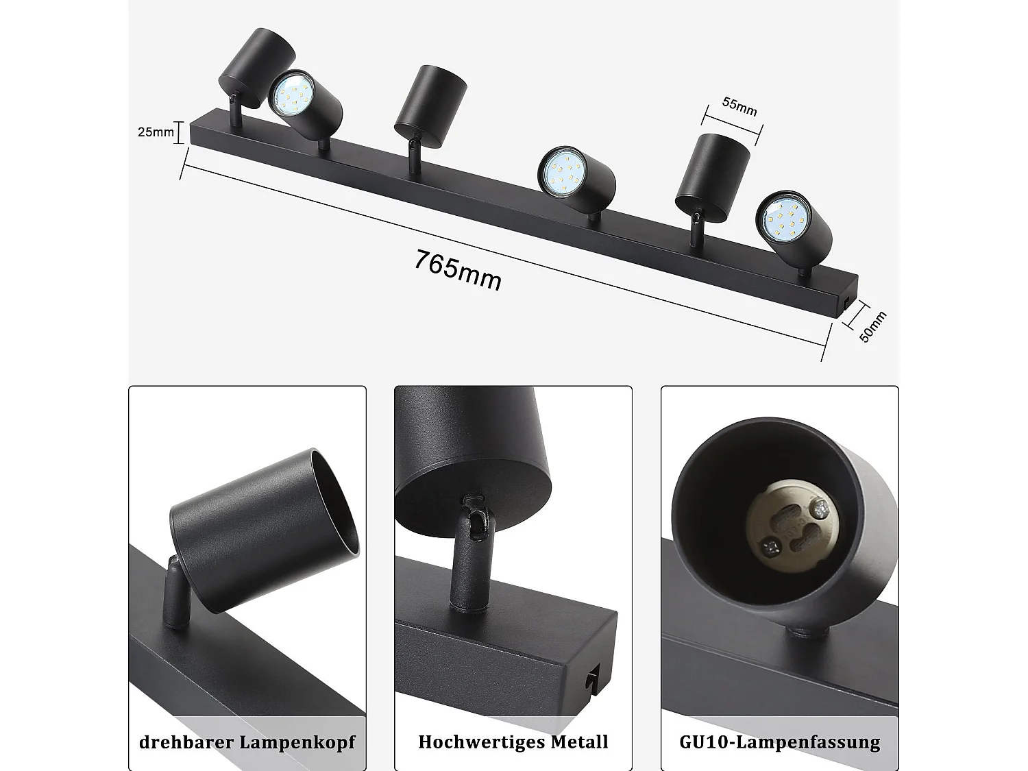 ZMH Plafonnier LED Noir - Luminaire de plafond moderne avec spots orientables à 360° design industriel parfait pour salon et chambre.