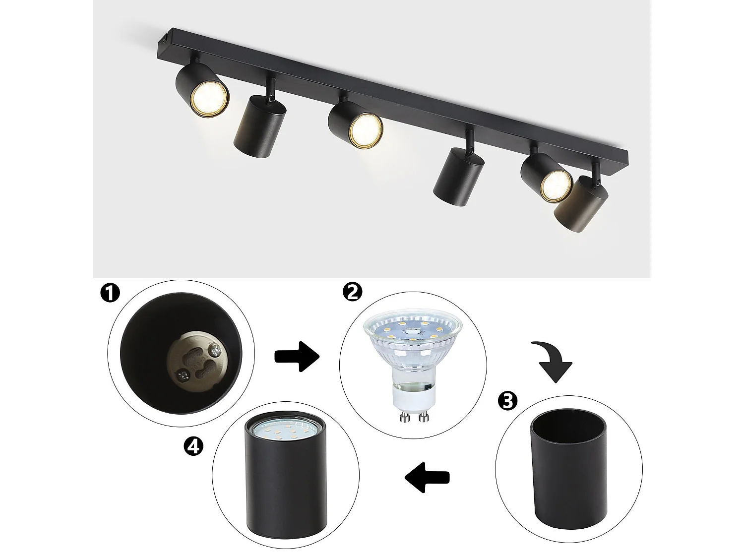 ZMH Plafonnier LED Noir - Luminaire de plafond moderne avec spots orientables à 360° design industriel parfait pour salon et chambre.