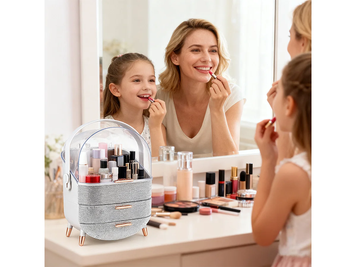 ZMH Organisateur de Cosmétiques 2 Tiroirs Argenté avec couvercle transparent et Poignée Boîte Rangement Cosmétique Étanche Antipoussière