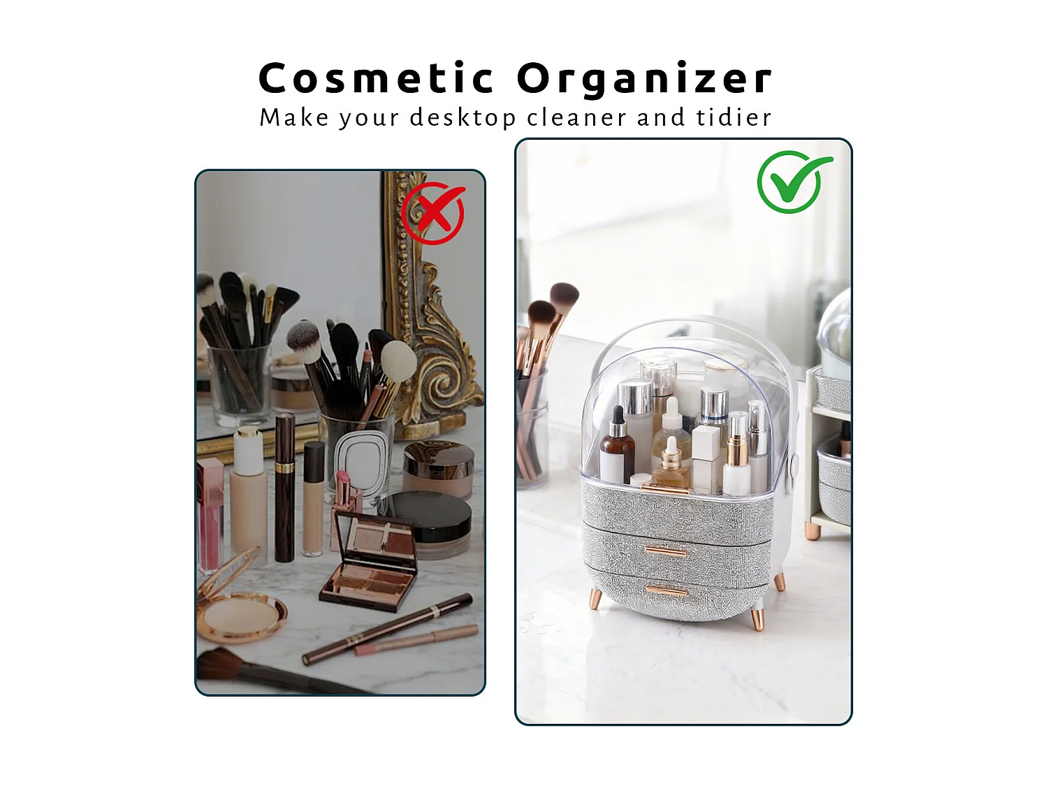 ZMH Organisateur de Cosmétiques 2 Tiroirs Argenté avec couvercle transparent et Poignée Boîte Rangement Cosmétique Étanche Antipoussière