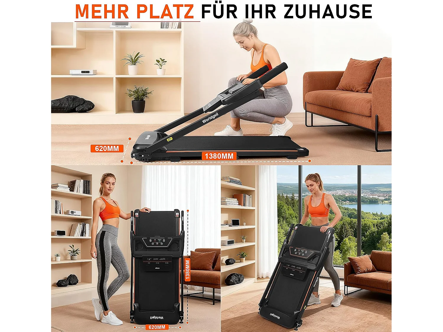 ZMH Tapis de course à domicile tapis de course pliable écran LED et barres d'appui bouton de mesure de la fréquence cardiaque vitesse maximale 14 km/h