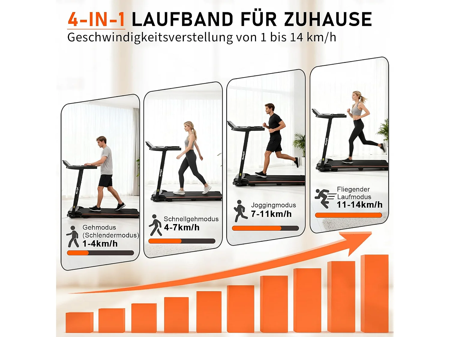 ZMH Tapis de course à domicile tapis de course pliable écran LED et barres d'appui bouton de mesure de la fréquence cardiaque vitesse maximale 14 km/h