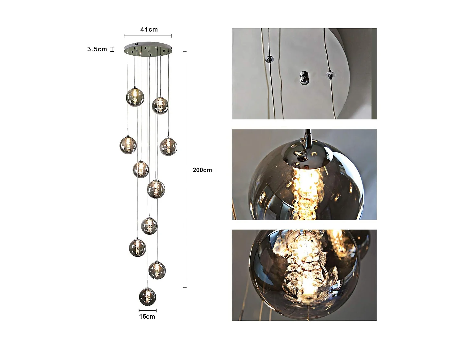 ZMH Suspension Lustre salle à manger 10 lumières Cristal gris réglable en hauteur