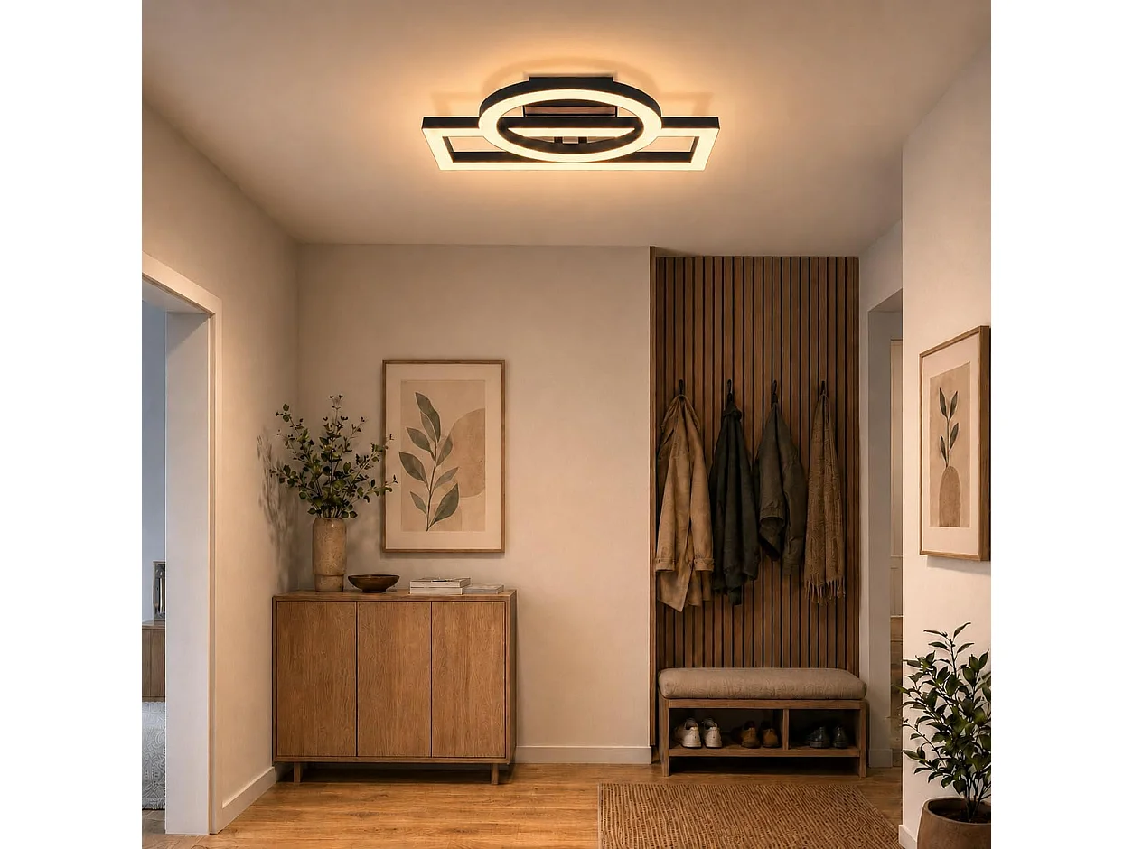ZMH Plafonnier LED 14W Noir Design Anneau & Rectangulaire Effet Bois 3000K  D.34.5cm Pour Salon Chambre Cuisine Couloir