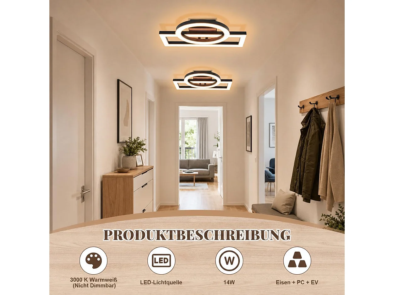 ZMH Plafonnier LED 14W Noir Design Anneau & Rectangulaire Effet Bois 3000K  D.34.5cm Pour Salon Chambre Cuisine Couloir