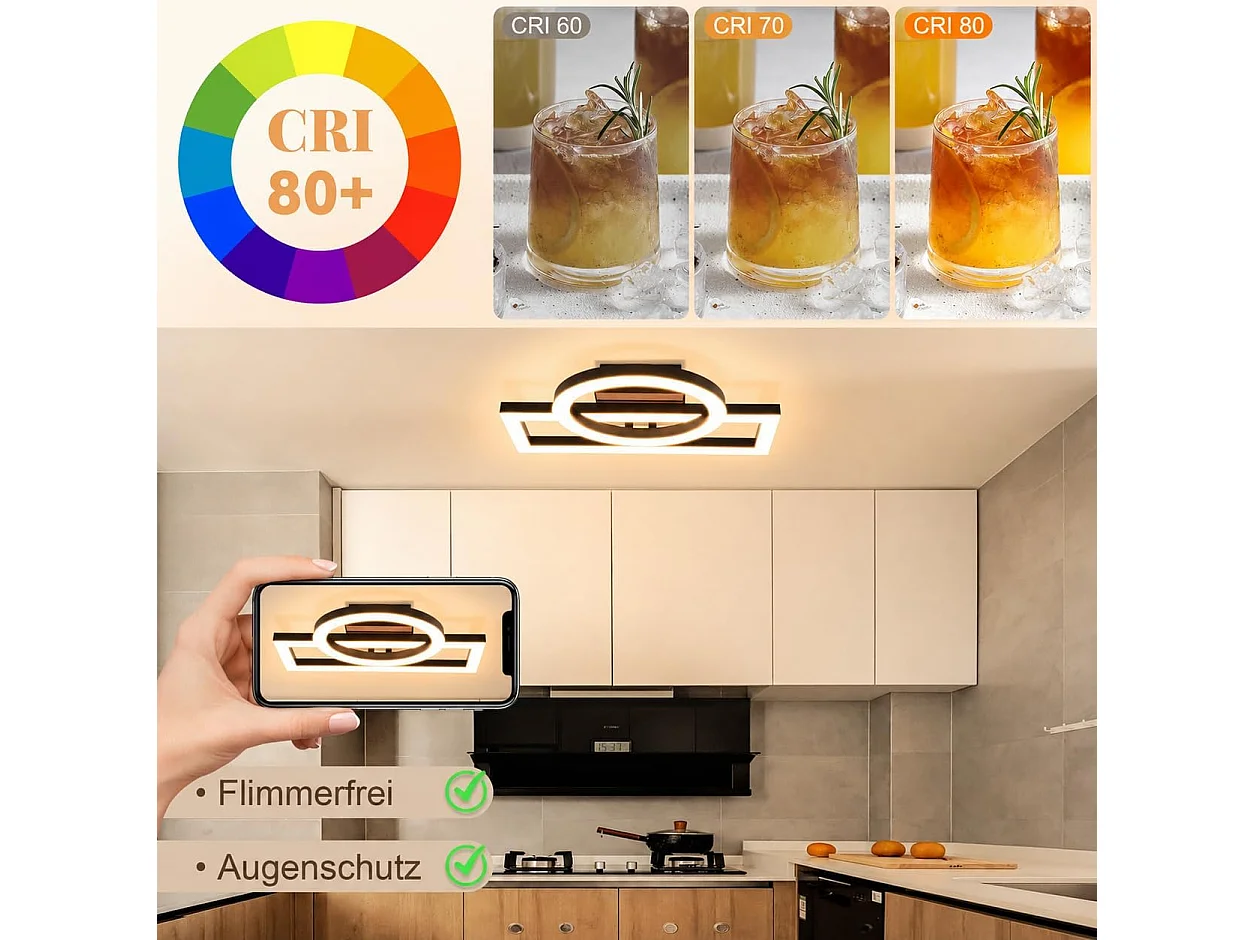 ZMH Plafonnier LED 14W Noir Design Anneau & Rectangulaire Effet Bois 3000K  D.34.5cm Pour Salon Chambre Cuisine Couloir