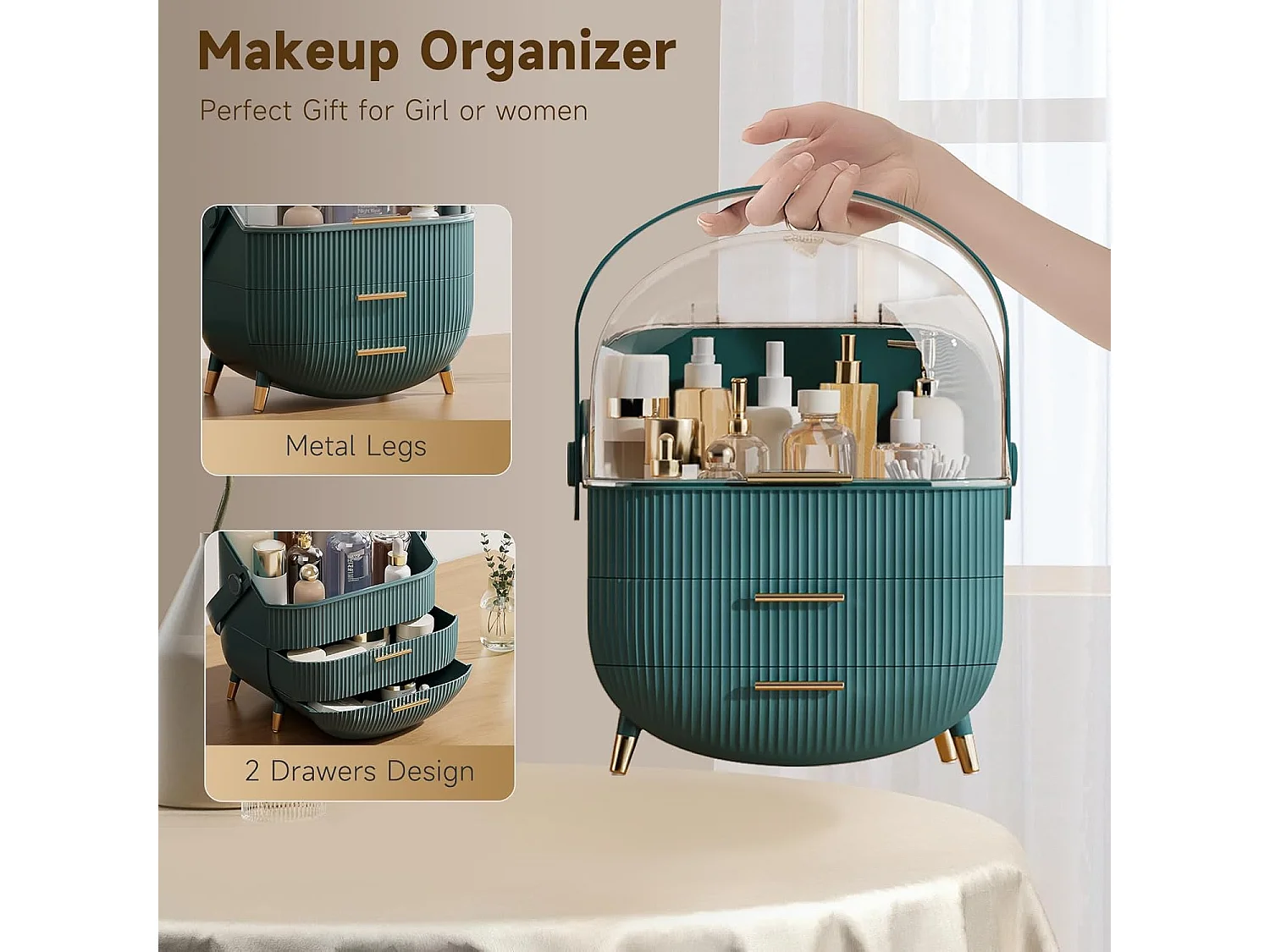 ZMH Boîte de rangement de bureau à tiroirs multiples boîte de rangement cosmétique vert foncé 25 x 18,5 x 37 cm