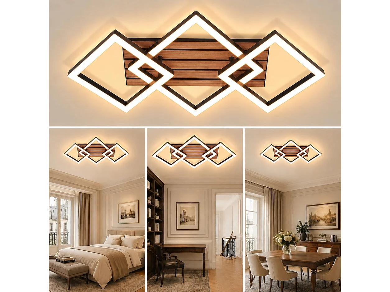 Plafonnier design LED 21W – 3 carrés noirs à décor bois – D.58 x H.8 cm – Pour salon ou couloir